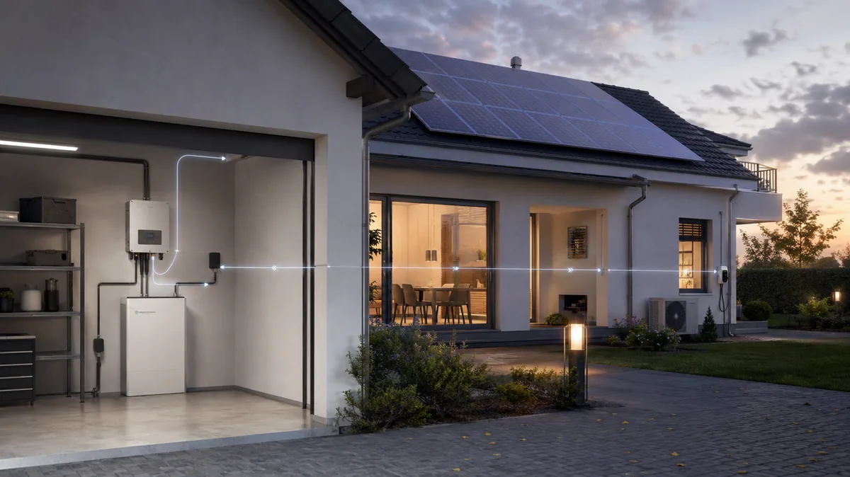Haus mit Photovoltaik, Wechselrichter und Batteriespeicher in der Garage im Zusammenspiel