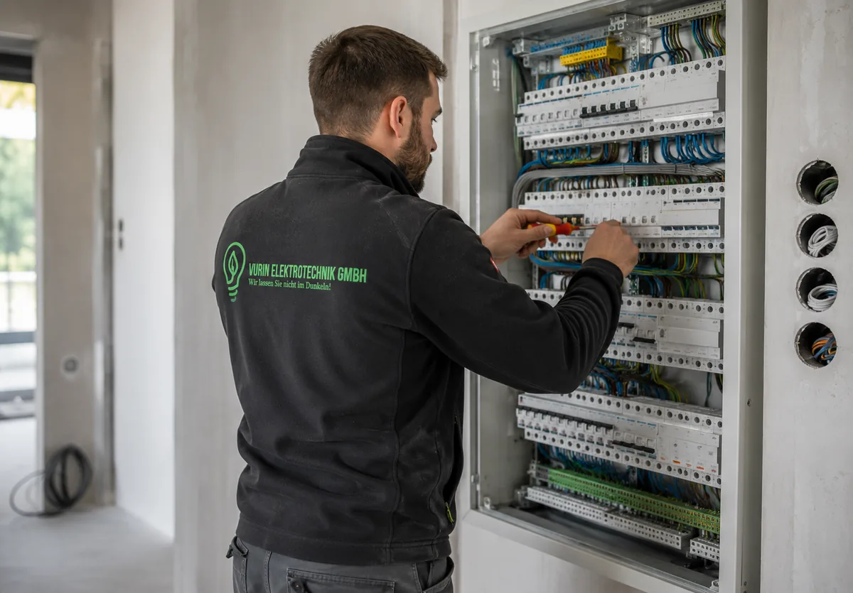 Feinmontage: Elektriker von VurIn verdrahtet den Z&auml;hlerschrank im Neubau