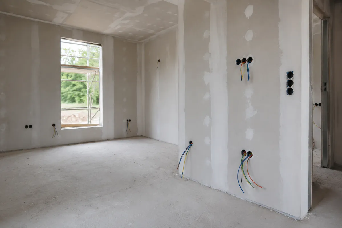 Neu verdrahtete Elektroinstallation in einem Rohbau