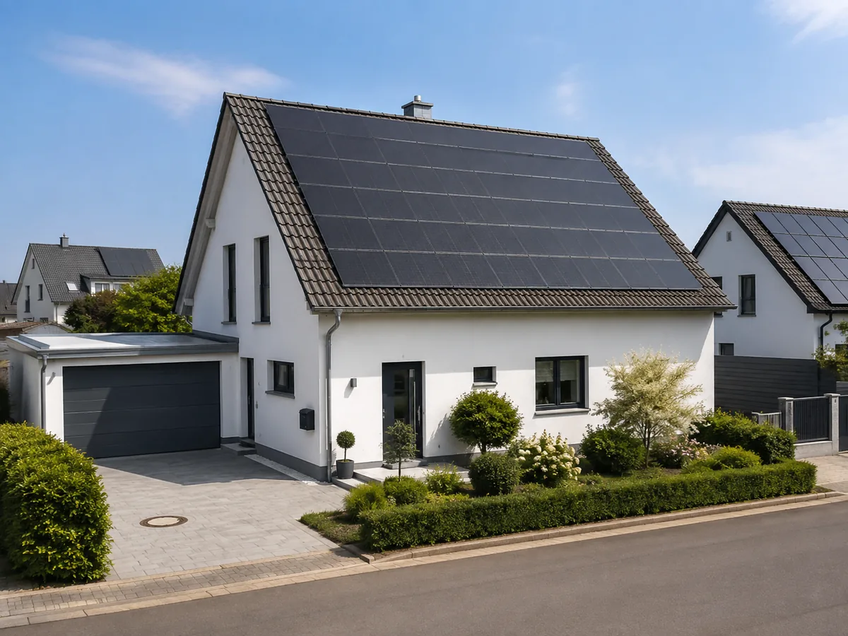 Fertig montierte Photovoltaikanlage auf dem Dach eines Einfamilienhauses