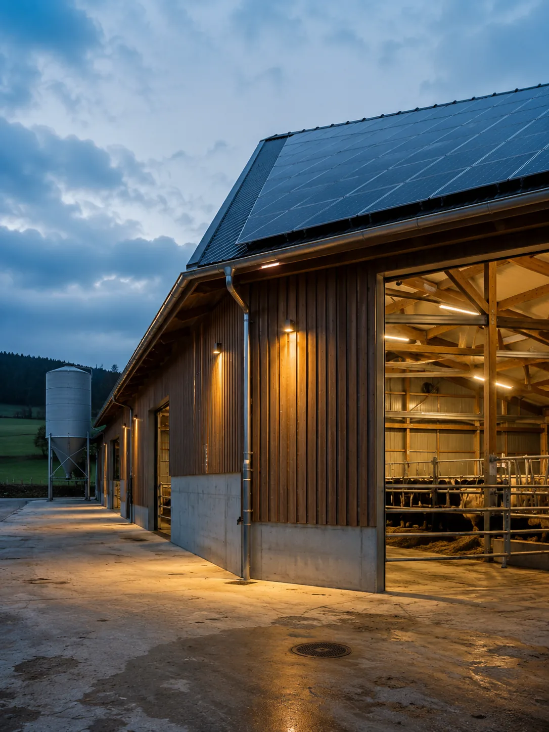 Landwirtschaftlicher Stall mit Photovoltaik und Hofbeleuchtung am Abend