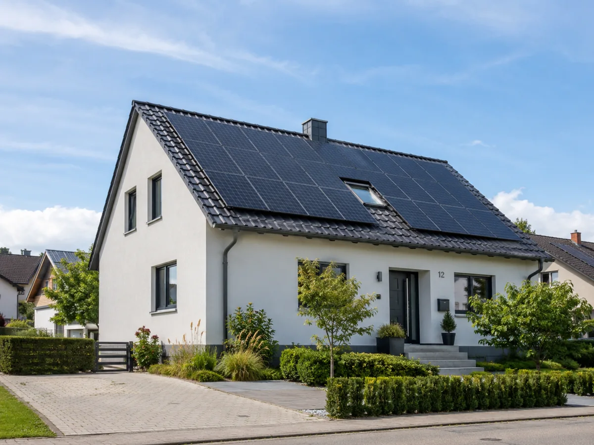 Modernes Wohnhaus mit Photovoltaikanlage und gepflegtem Vorgarten