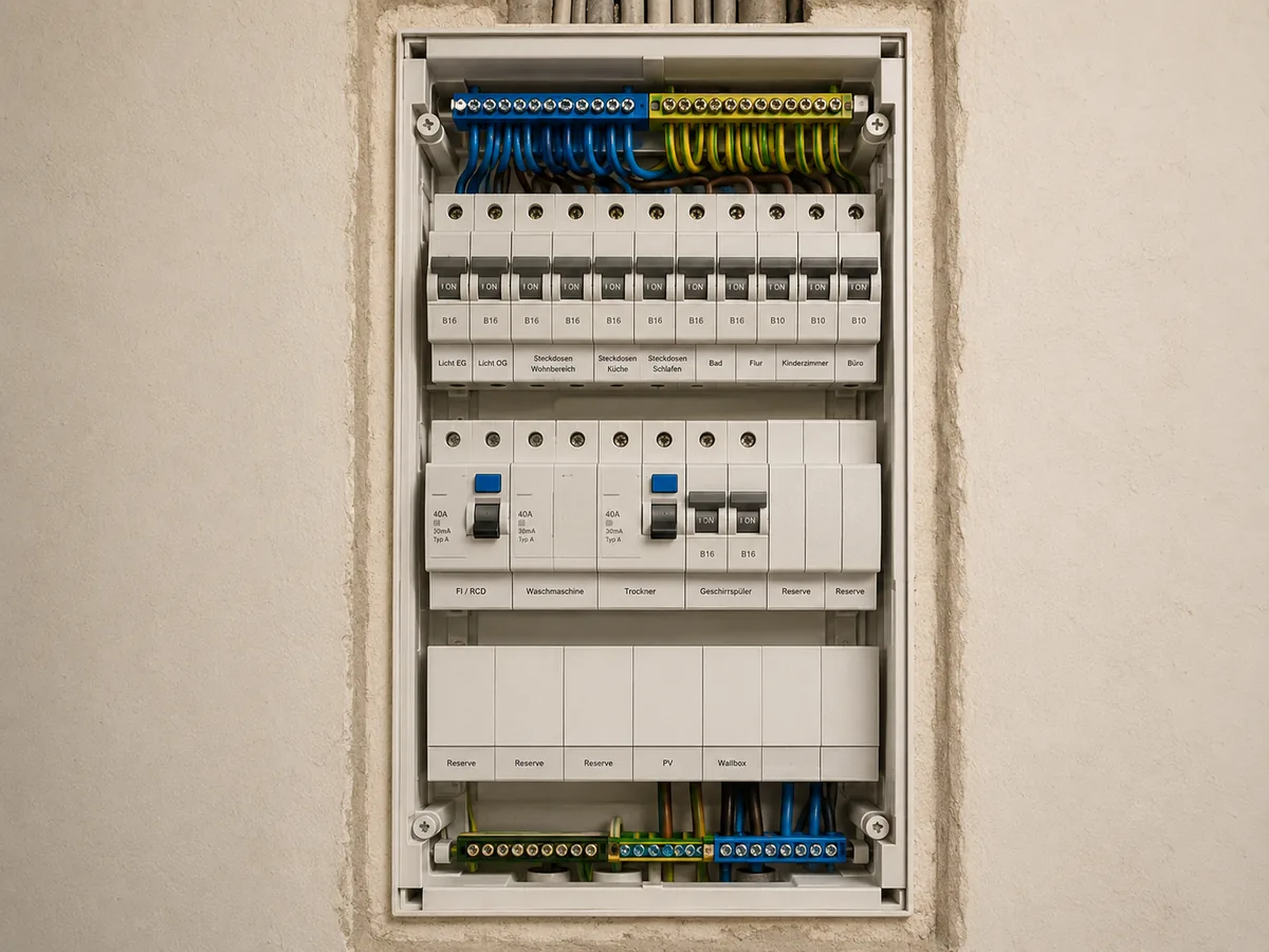 Sanierter Z&auml;hlerschrank mit beschrifteten Stromkreisen und FI-Schutz