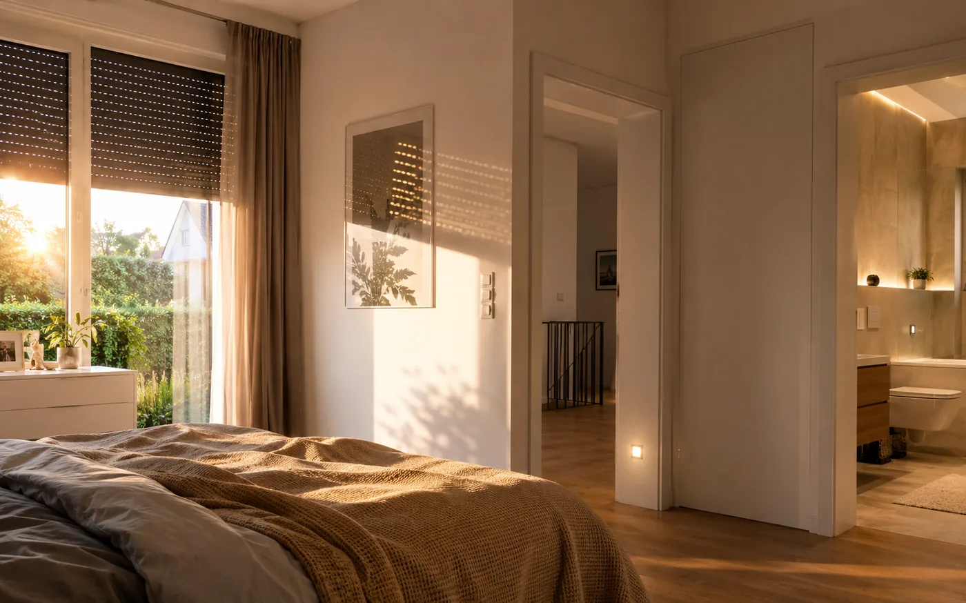 Schlafzimmer am Morgen: der Rollladen ist angehoben, Morgensonne faellt herein