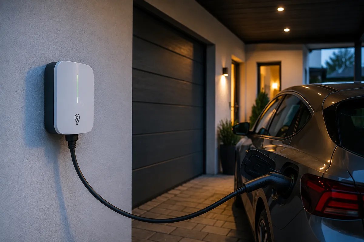 Wallbox mit eingestecktem Ladekabel an einem Carport